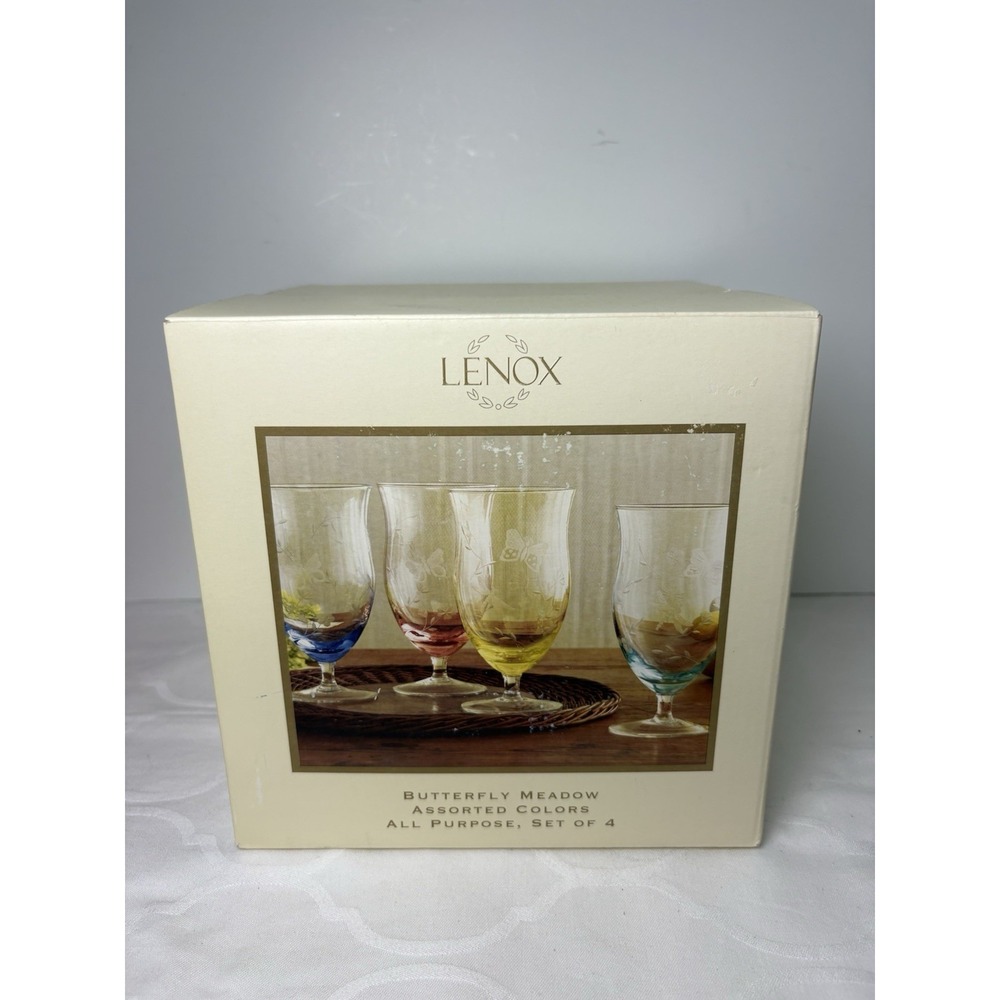 New Set Of 4 Lenox Butterfly Meadow Etched Drinking 18 oz Glasses Multi Colors